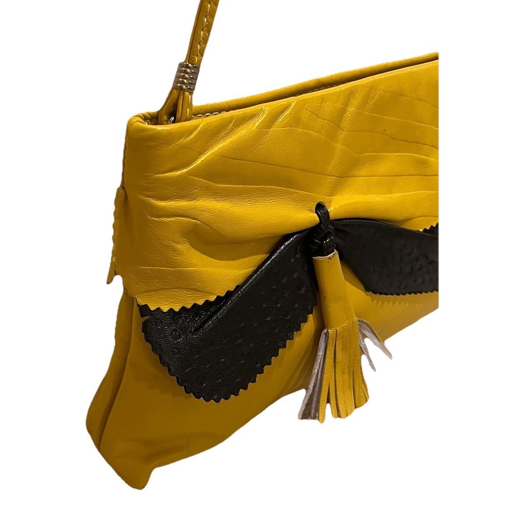Vtg 80's Leather Shoulder Bag Clutch Hinged Yellow Black Tassel Party Club Retro - Picture 3 of 9